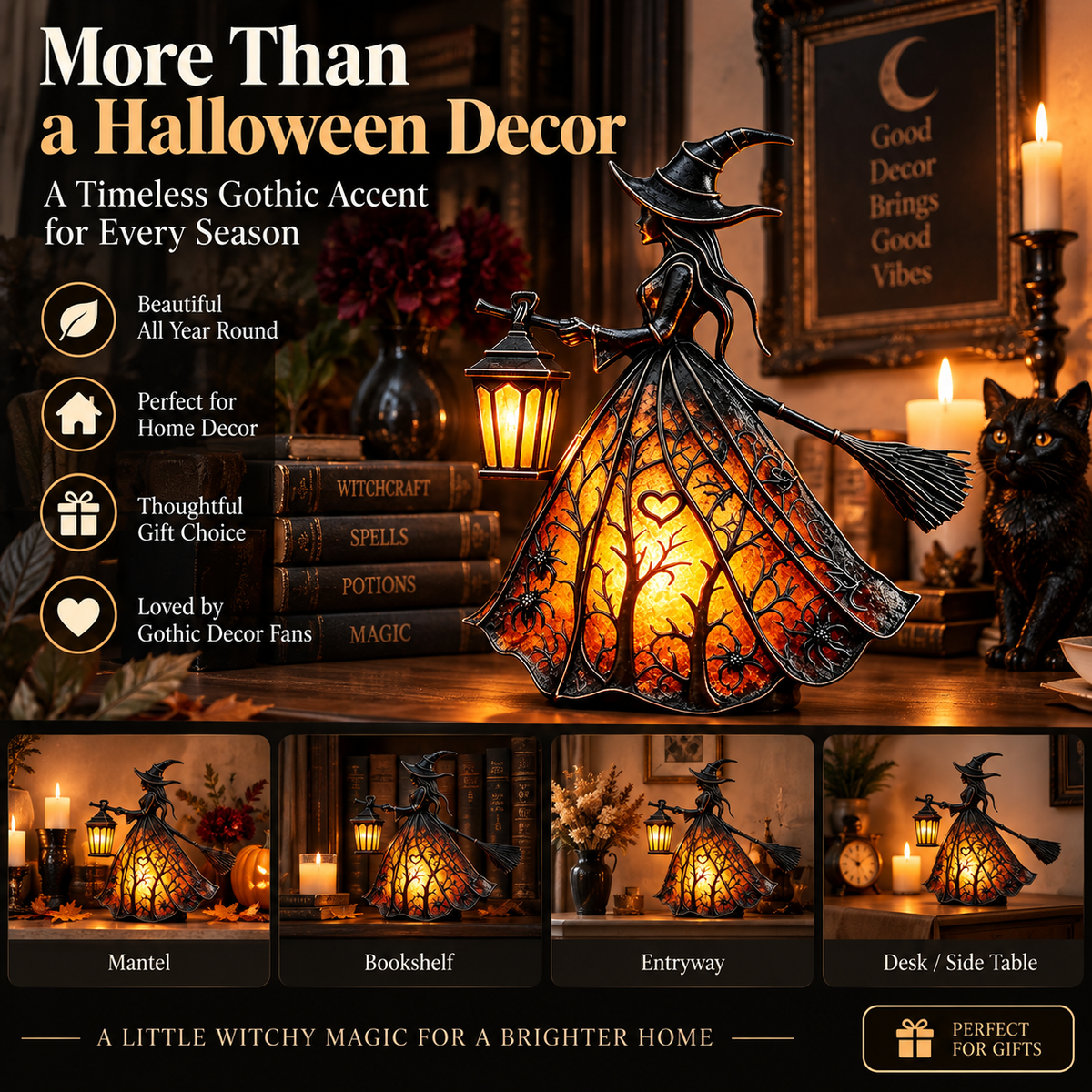 7-Inch Lighted Gothic Witch Lantern – Warm LED Halloween Figurine for Mantel, Shelf & Table Decor