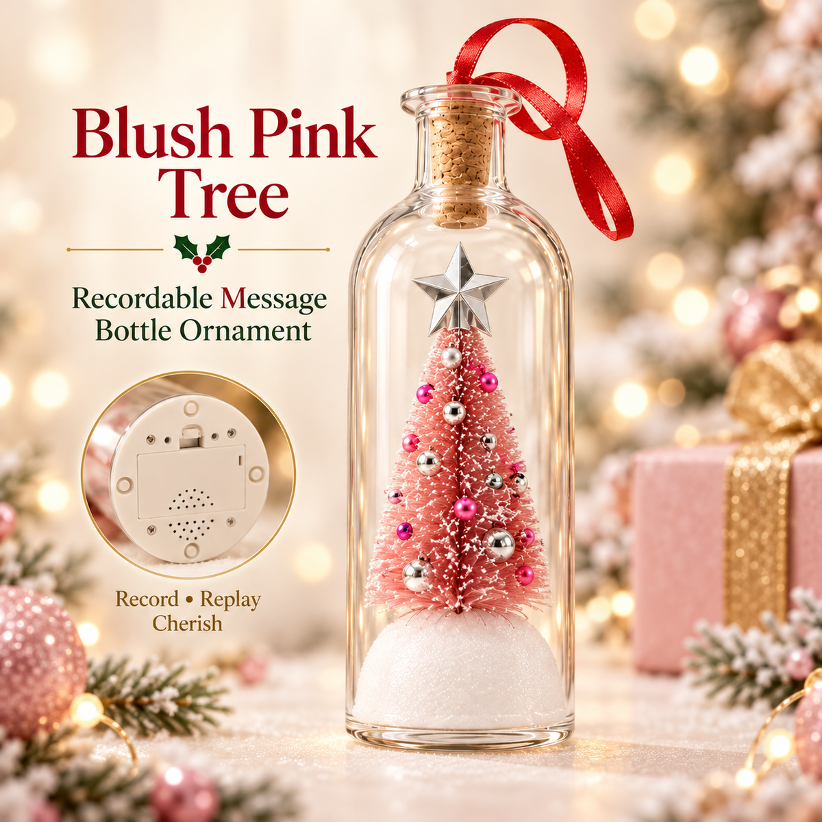 π Recordable Glass Bottle Christmas Ornament, 8in Voice Recording Keepsake, Snowy Tree Scene