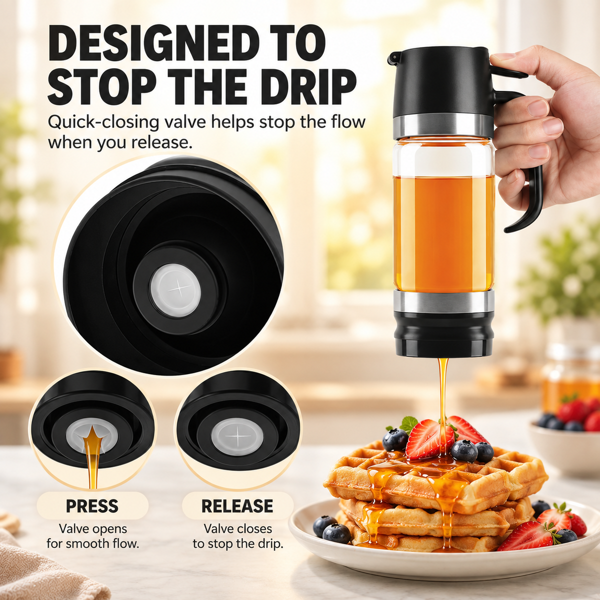 π― 12oz No-Drip Honey & Syrup Dispenser β Press-to-Pour Glass Jar with Handle