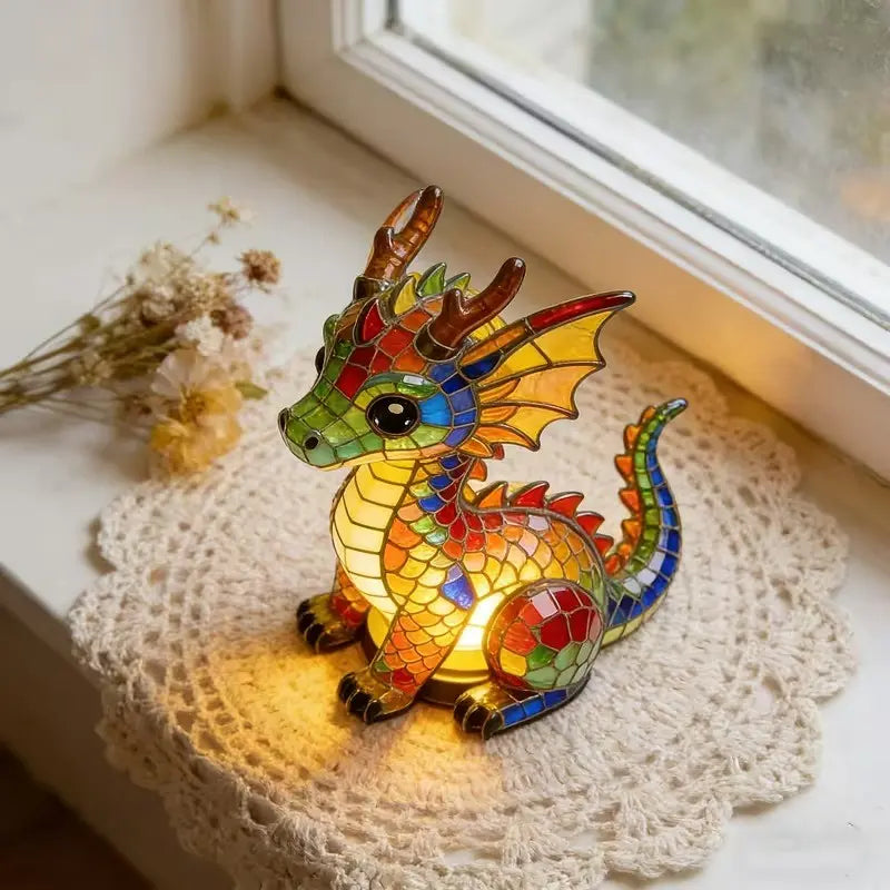 Lucky Dragon LED Night Light โ Colorful Stained Glass-Style Resin Lamp, USB-Powered Fantasy Decor & Gift