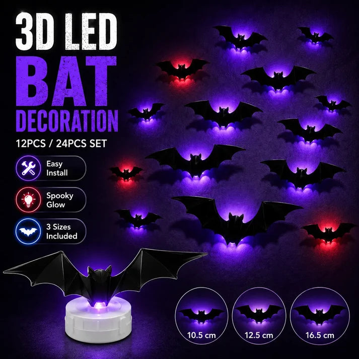 🦇 3D Bat Light Set – Spooky Wall Decor, Easy Stick, 12/24ct