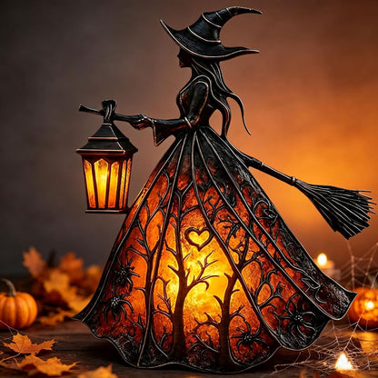 7-Inch Lighted Gothic Witch Lantern – Warm LED Halloween Figurine for Mantel, Shelf & Table Decor