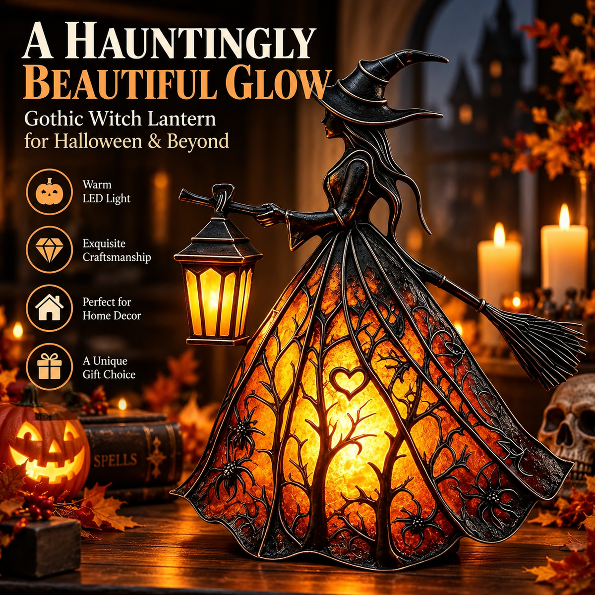 7-Inch Lighted Gothic Witch Lantern – Warm LED Halloween Figurine for Mantel, Shelf & Table Decor