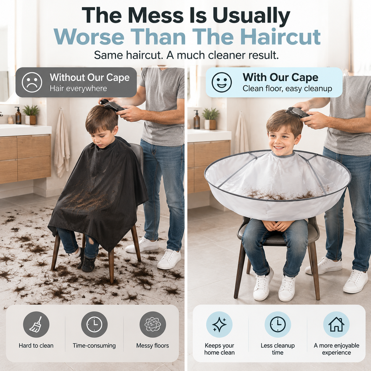 Umbrella‑Style Hair Cutting Cape with Memory Steel Ring for Home Grooming