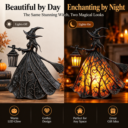 7-Inch Lighted Gothic Witch Lantern – Warm LED Halloween Figurine for Mantel, Shelf & Table Decor