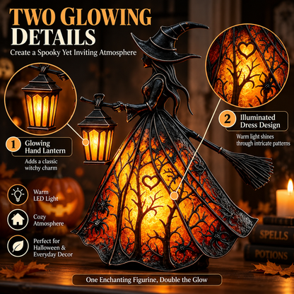 7-Inch Lighted Gothic Witch Lantern – Warm LED Halloween Figurine for Mantel, Shelf & Table Decor