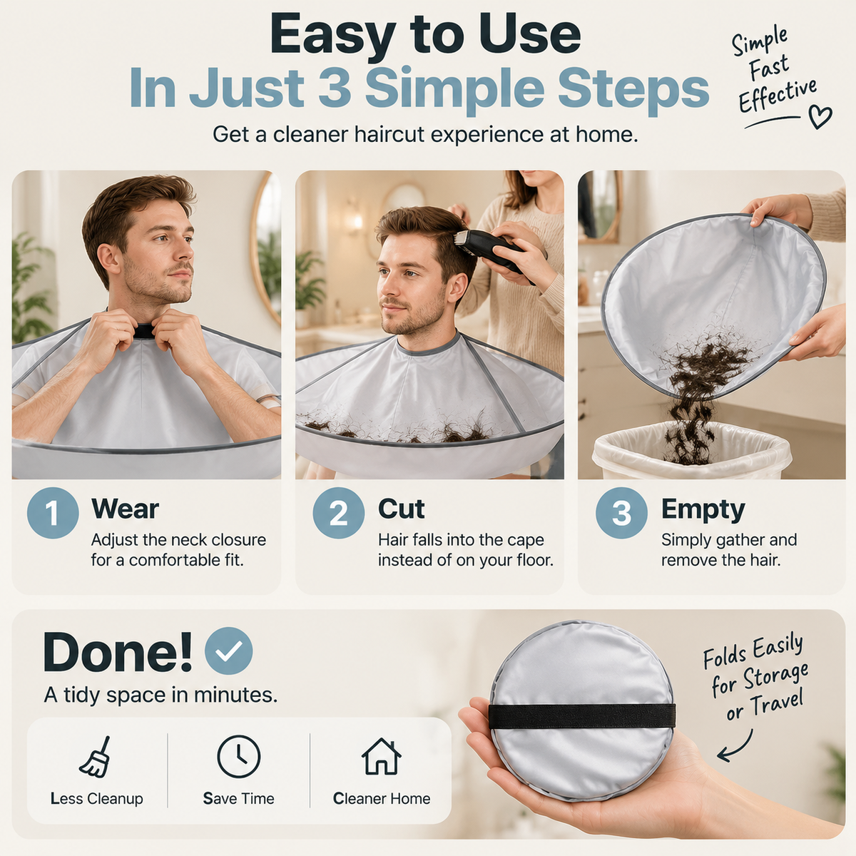 Umbrella‑Style Hair Cutting Cape with Memory Steel Ring for Home Grooming