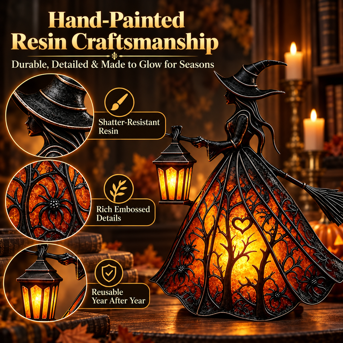 7-Inch Lighted Gothic Witch Lantern – Warm LED Halloween Figurine for Mantel, Shelf & Table Decor