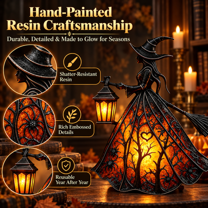 7-Inch Lighted Gothic Witch Lantern – Warm LED Halloween Figurine for Mantel, Shelf & Table Decor