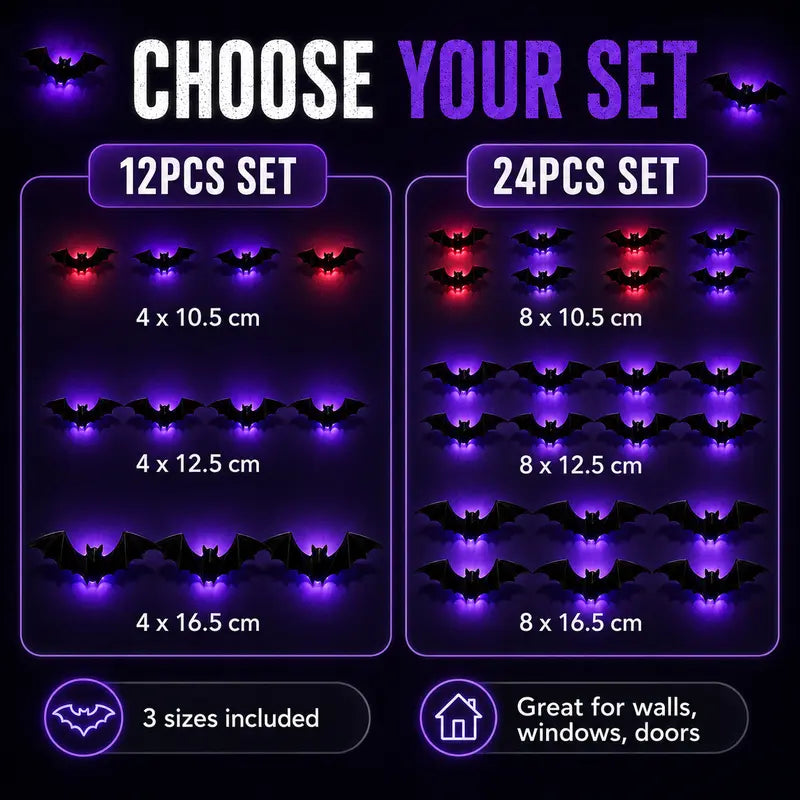 🦇 3D Bat Light Set – Spooky Wall Decor, Easy Stick, 12/24ct