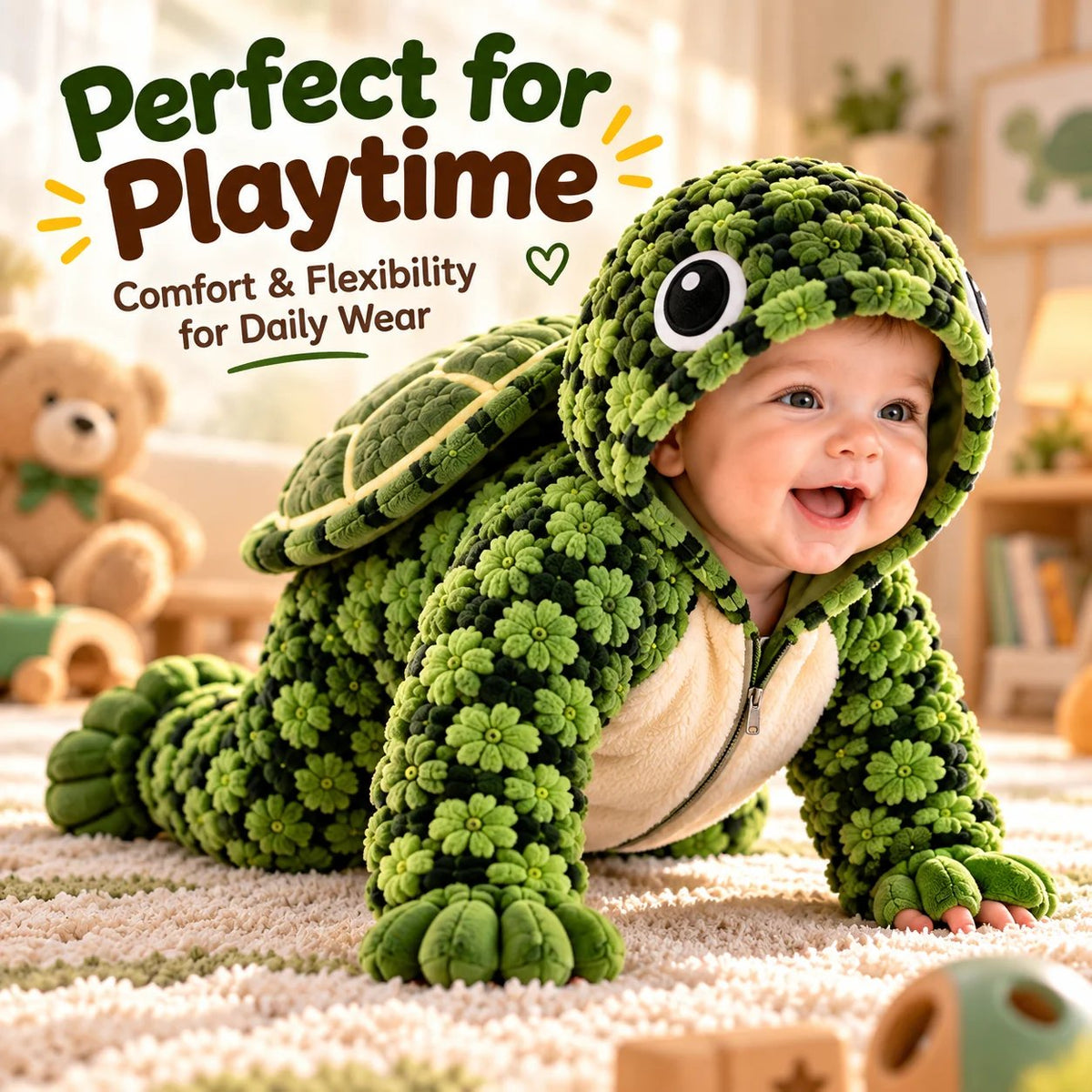 🐢 Little Turtle Plush 3D Shell Baby Onesie – Cute Hooded Cozy Romper