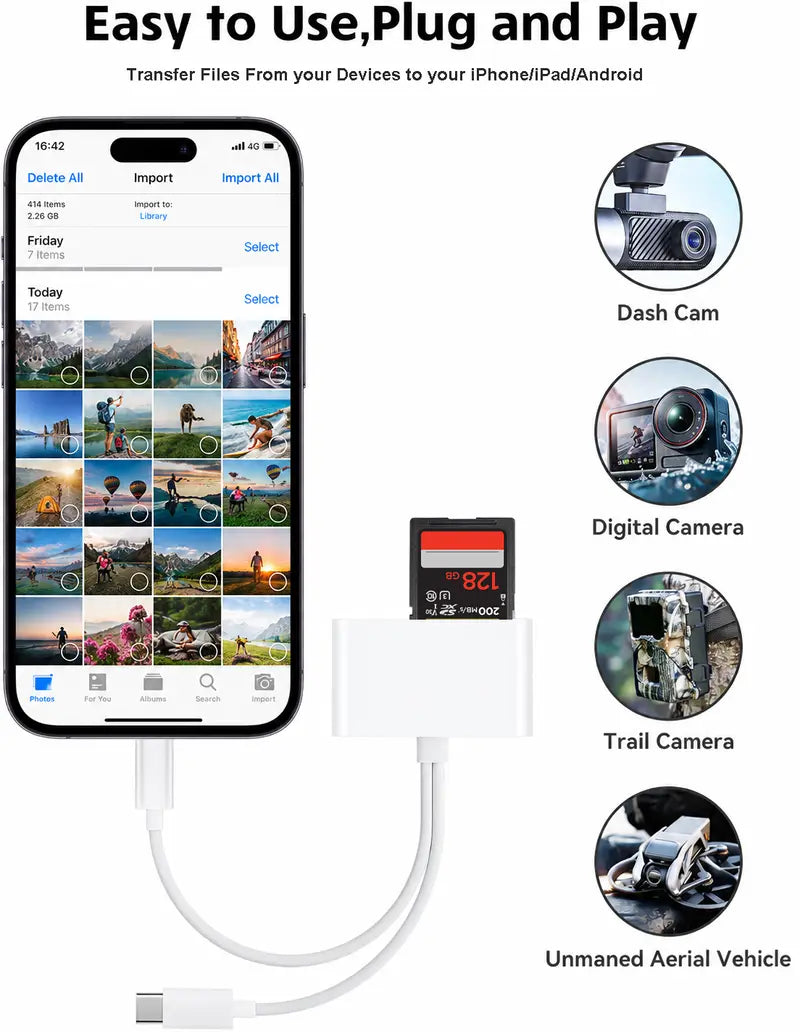 SD Card Reader for iPhone, iPad and Android, Camera Adapter, USB-C & Lightning