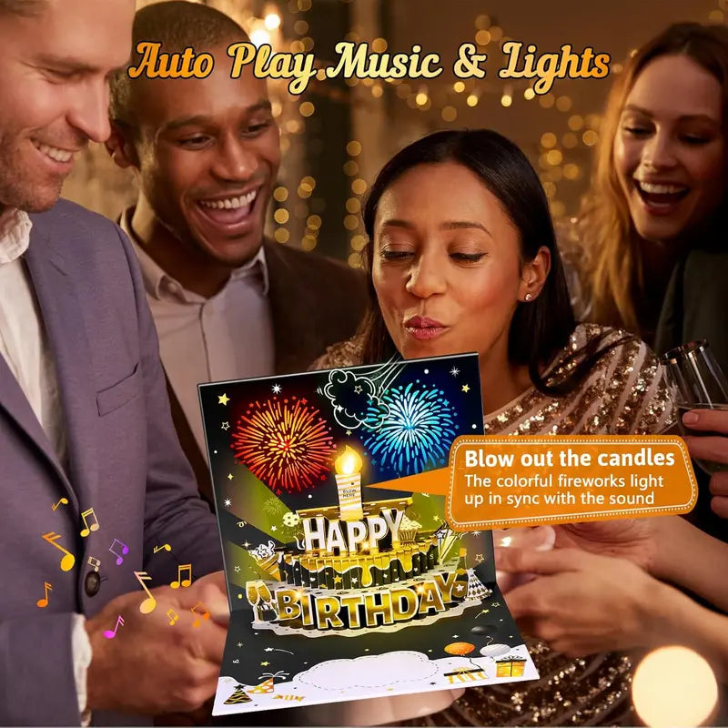🎂🎉Birthday Cards With Fireworks & Pop Up Cake & Blow-able Music