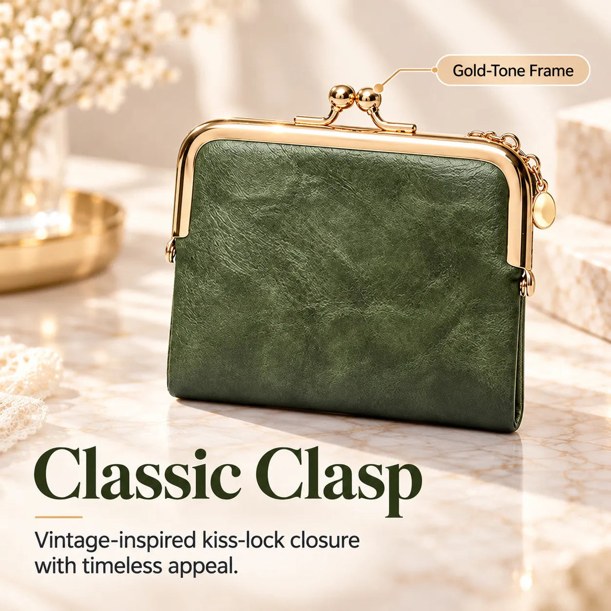 Vintage Kiss-Lock Compact Wallet with Zipper Pocket