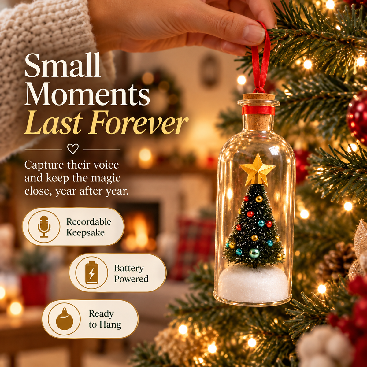 🎄 Recordable Glass Bottle Christmas Ornament, 8in Voice Recording Keepsake, Snowy Tree Scene