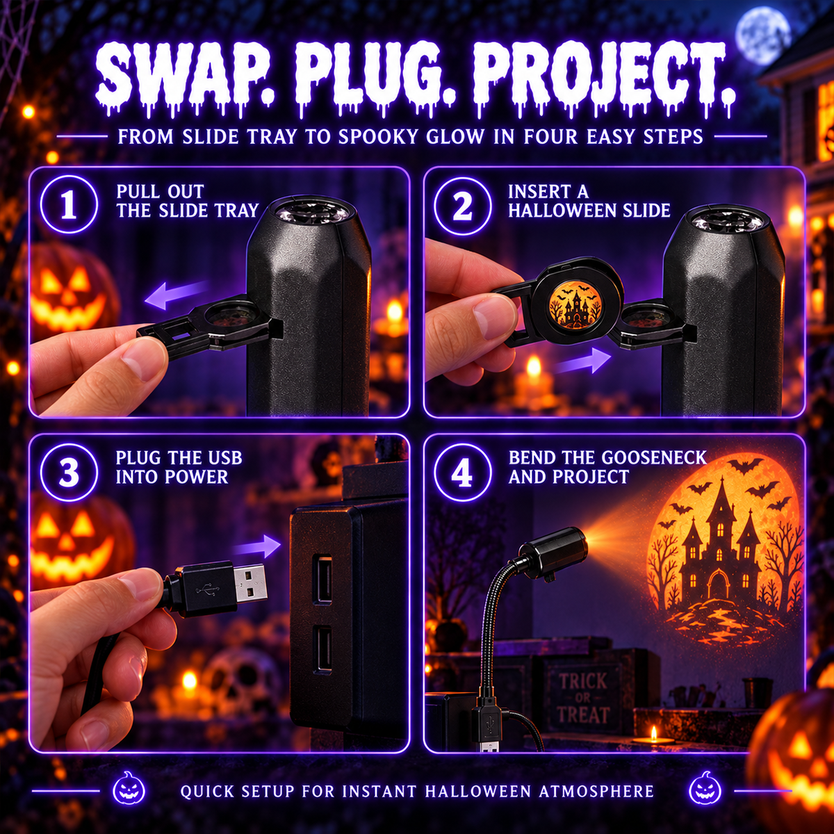 🎃 Halloween Window Projector ✨ 11 Spooky Films USB Powered Holiday Decor
