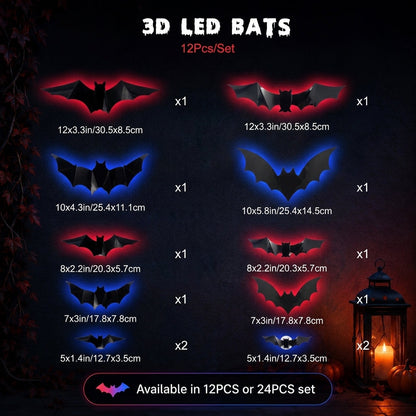 🦇 3D Bat Light Set – Spooky Wall Decor, Easy Stick, 12/24ct