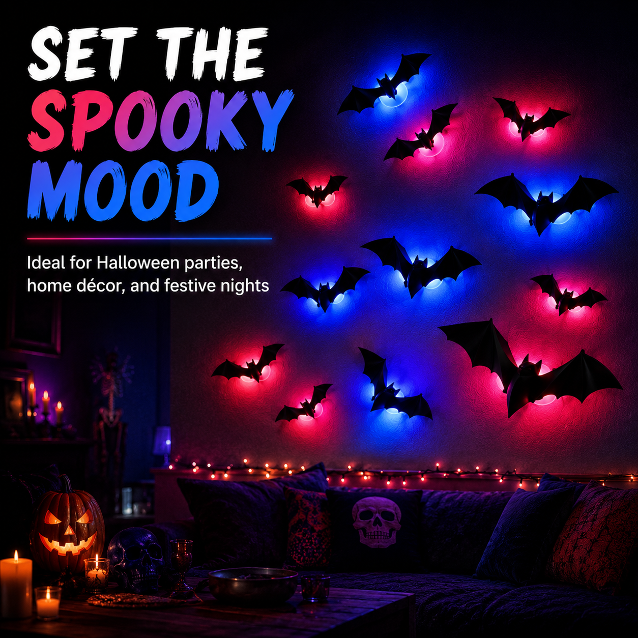 🦇 3D Bat Light Set – Spooky Wall Decor, Easy Stick, 12/24ct