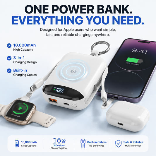 🔋 3-in-1 Magnetic Power Bank 10000mAh – Portable Charger for iPhone, Apple Watch & AirPods