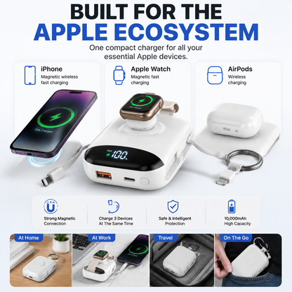 🔋 3-in-1 Magnetic Power Bank 10000mAh – Portable Charger for iPhone, Apple Watch & AirPods