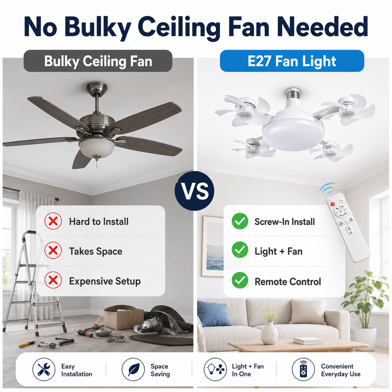 2-in-1 LED Fan Bulb with Remote Control for Bedroom, Kitchen & Home Cooling