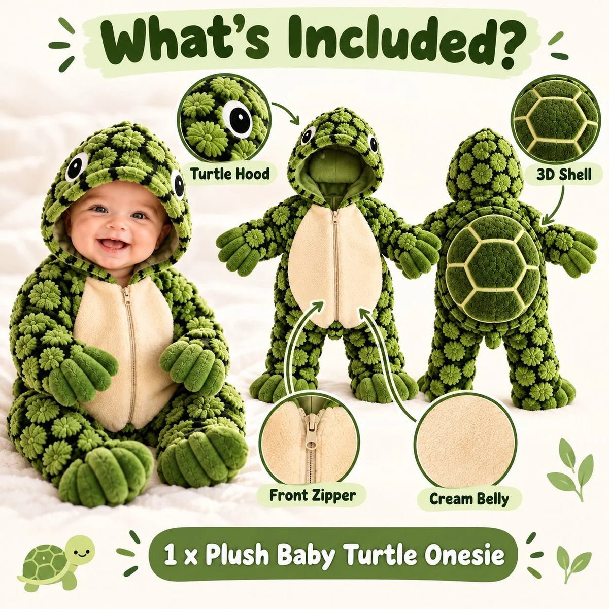 🐢 Little Turtle Plush 3D Shell Baby Onesie – Cute Hooded Cozy Romper