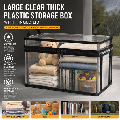 Large Clear Storage Box with Hinged Lid – Heavy-Duty High Capacity Organizer