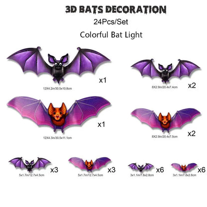 🦇 3D Bat Light Set – Spooky Wall Decor, Easy Stick, 12/24ct