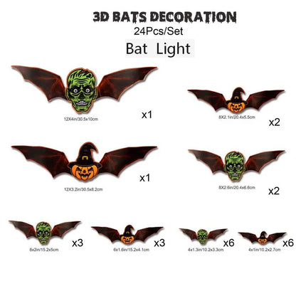🦇 3D Bat Light Set – Spooky Wall Decor, Easy Stick, 12/24ct