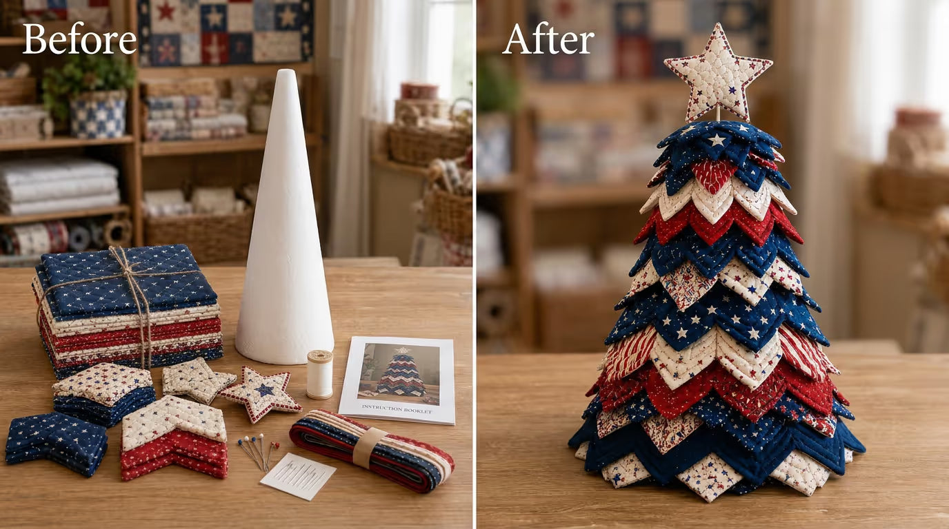 Americana Christmas Tree Quilt Kit – Easy Layered Fabric Holiday Décor for Quilting Lovers