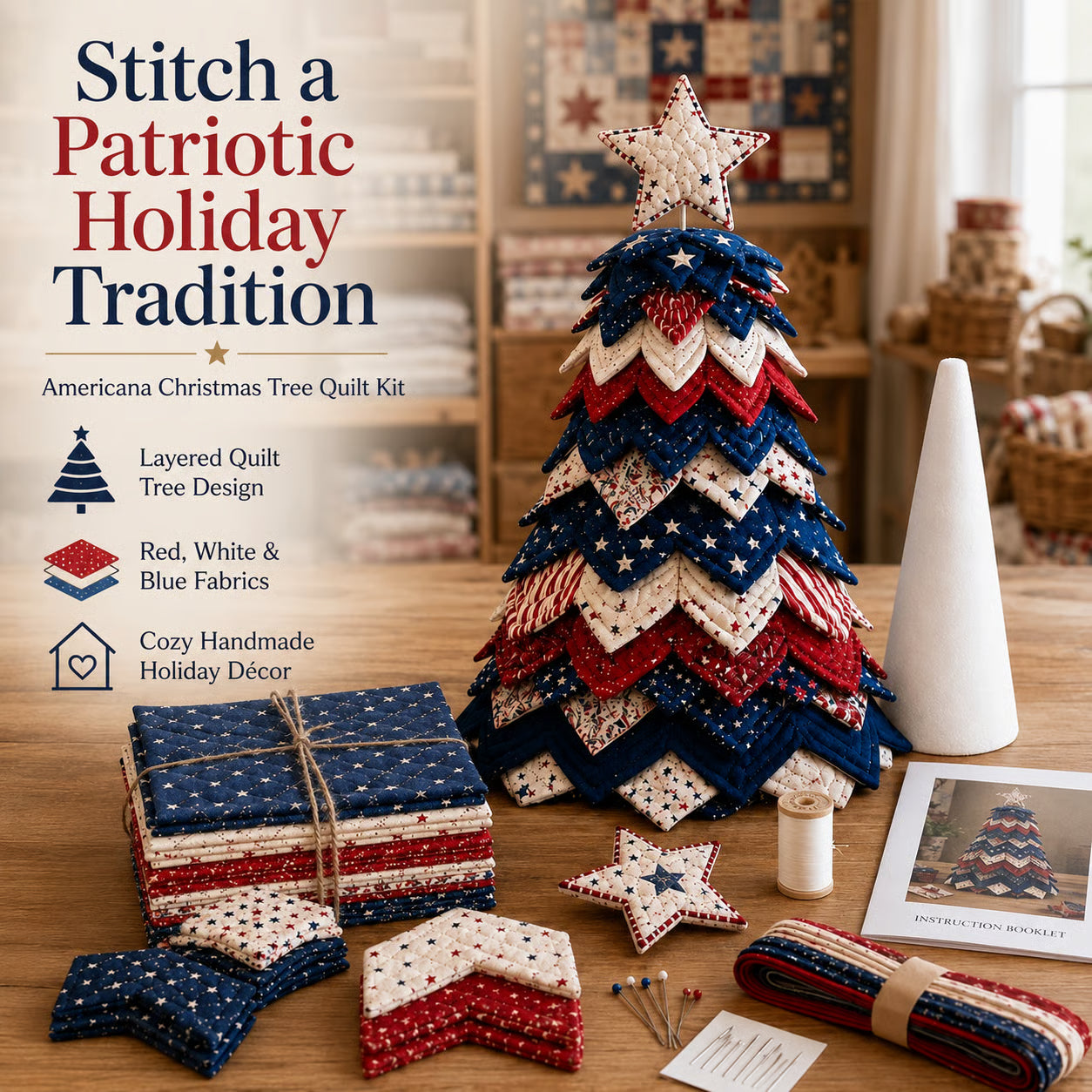 Americana Christmas Tree Quilt Kit – Easy Layered Fabric Holiday Décor for Quilting Lovers