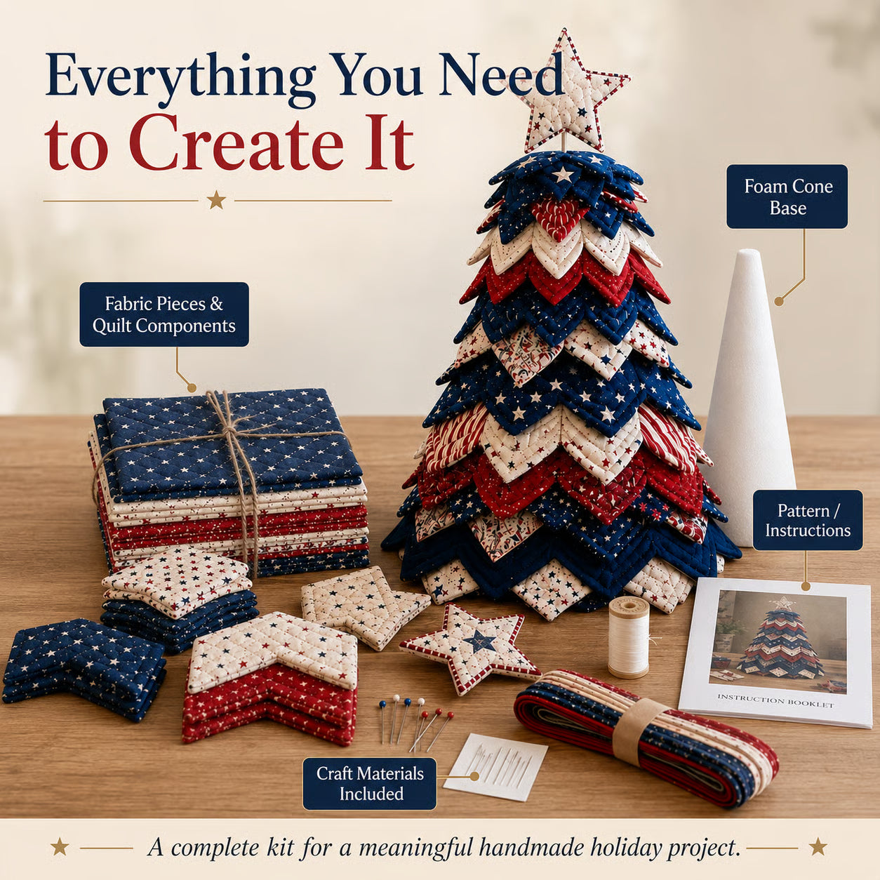 Americana Christmas Tree Quilt Kit – Easy Layered Fabric Holiday Décor for Quilting Lovers